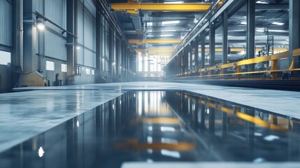 A modern concrete slab manufacturing plant, showing the process of pouring, curing, and cutting slabs on an assembly line.