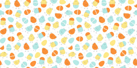 Cartoon colorful chickens, repeating background, pattern. Animals, poultry. Set of little chickens, painted eggs. Hand drawn doodle linear icons. Easter design, seamless texture.