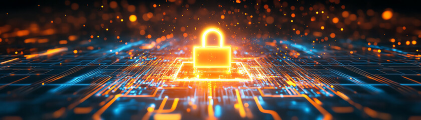 Fototapeta premium Digital padlock symbolizing cybersecurity and data protection in the tech landscape.