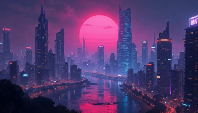A futuristic neon cityscape with glowing lights and sleek skyscrapers, inspired by cyberpunk aesthetics.