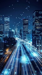 Obraz premium modern skyscrapers at night with glowing lights, urban and dynamic, focus on energy and innovation