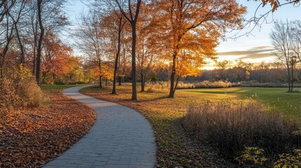 Fototapeta premium A peaceful park at sunset, with orange leaves glowing in golden light, a narrow path winding between trees ablaze with autumn colors.
