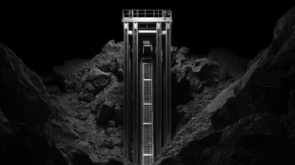 A seamless loop of a mining shaft elevator moving up and down, designed with clear line motion and alpha transparency