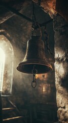 Fototapeta premium vintage bell hanging in an old tower, dramatic and rustic atmosphere, sharp focus, intricate details, soft warm lighting