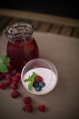 dessert against a carafe of lemonade on a summer table outside