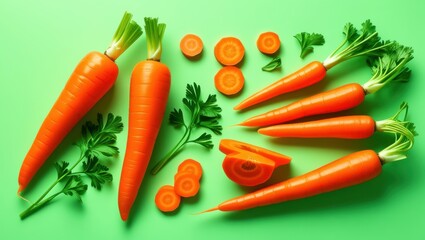 Vibrant orange carrots, Fresh green carrot tops, Bright green background, Flat lay composition, Healthy vegetables, Organic produce, Pop art style, High contrast colors, Clean eating concept, Geometri