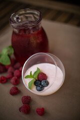dessert against a carafe of lemonade on a summer table outside