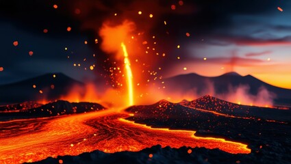Volcanic eruption at sunset, lava flows, glowing embers, mountain silhouettes, dramatic sky, orange and red hues, sparks flying, molten rock, smoke plumes, cinematic lighting, epic landscape, fiery sc