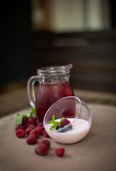 dessert against a carafe of lemonade on a summer table outside