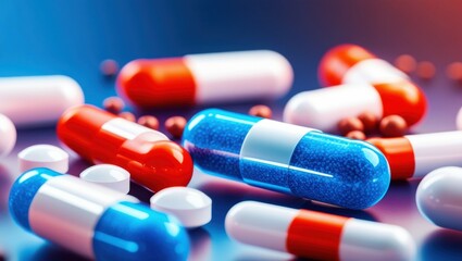 pharmaceutical pills, capsules, medicine, red and blue colors, close-up, macro photography, depth of field, scattered, healthcare, medical treatment, drug industry, high detail, sharp focus, vibrant c