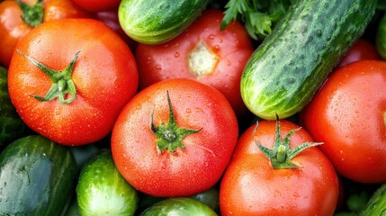 freshly picked tomatoes and cucumbers on a market stall, vibrant and fresh, perfect for illustrating farm-to-table concepts and healthy eating