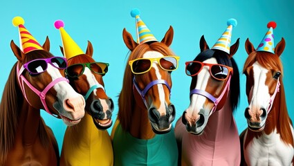 Party horses, colorful party hats, sunglasses, funny expressions, vibrant background, celebration, whimsical, comical animal portrait, group photo, anthropomorphic, festive mood, bright colors, humoro