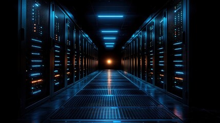 Fototapeta premium A dark corridor lined with glowing server racks, illuminated by blue lights, leading to a bright focal point at the end.
