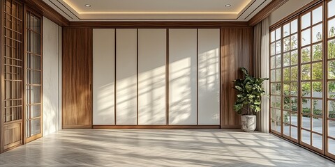 Obraz premium Sunlit minimalist room with wooden walls, large windows, and hardwood floor.