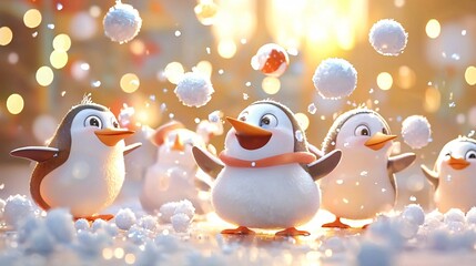 Merry Christmas and Santa claus Concept. Playful Penguins Enjoying a Snowy Winter Wonderland