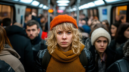 Obraz premium Sad, depressed, overworked young woman in subway