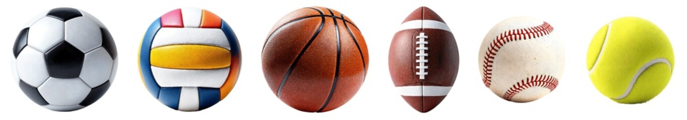 Collection of various balls isolated on transparent background.