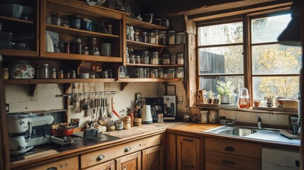 rustic kitchen with natural wooden cabinets and vintage decor, cozy and traditional, focus on organic materials and warm atmosphere