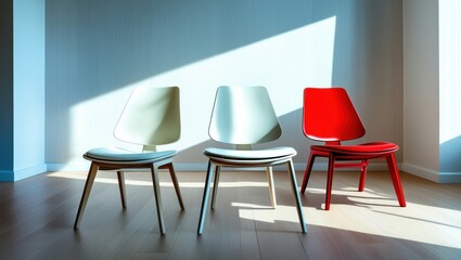 Modern office interior, vibrant red chairs, sleek white table, minimalist design, sunlight casting shadows, polished floor, contemporary workspace, bright and airy, geometric furniture, corporate meet