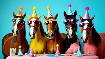 Party horses, colorful party hats, sunglasses, funny expressions, vibrant background, celebration, whimsical, comical animal portrait, group photo, anthropomorphic, festive mood, bright colors, humoro