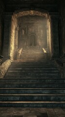 weathered stone steps leading to a grand mausoleum, intricate and detailed textures, dramatic lighting, serene and respectful atmosphere, historical setting
