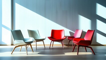 Fototapeta premium Modern office interior, vibrant red chairs, sleek white table, minimalist design, sunlight casting shadows, polished floor, contemporary workspace, bright and airy, geometric furniture, corporate meet