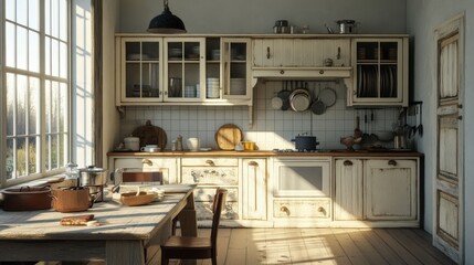 Sunlit Rustic Kitchen With Wooden Table And Chairs