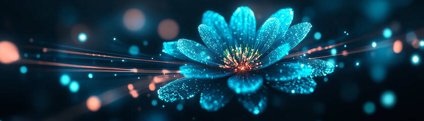 Radiant blue flower illuminated by shimmering particles in a dark background.