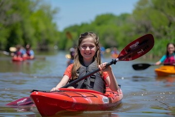 Joyful child kayaking on a calm river with friends, embracing nature on a sunny day
