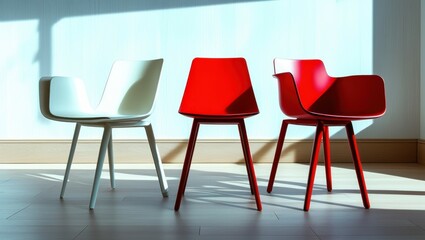 Modern office interior, vibrant red chairs, sleek white table, minimalist design, sunlight casting shadows, polished floor, contemporary workspace, bright and airy, geometric furniture, corporate meet