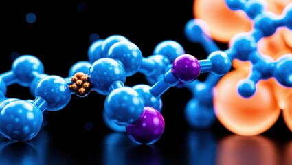 abstract molecular structure, vibrant glowing spheres, blue and orange orbs, interconnected atoms, dynamic 3D rendering, scientific visualization, neon colors, dark background, high contrast, microsco