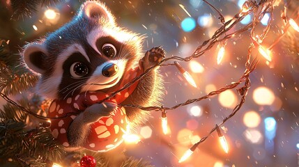 Merry Christmas and Santa claus Concept. Cute raccoon with Christmas lights in a cozy scene