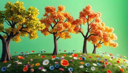 Naklejka premium 3D pastoral green hills with grass and flowers, trees with colorful flowers f near the river lake under blue sky with clouds background. dreamy beautiful cartoon spring wallpaper