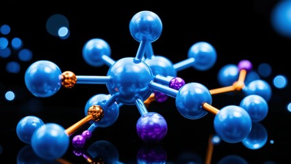 abstract molecular structure, vibrant glowing spheres, blue and orange orbs, interconnected atoms, dynamic 3D rendering, scientific visualization, neon colors, dark background, high contrast, microsco