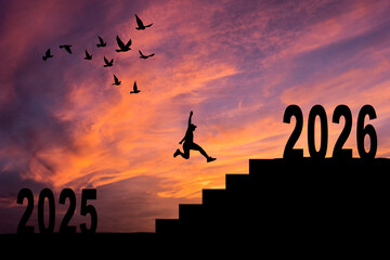 2025 2026 on the upward staircase and the concept of starting in the new year. New beginning concept.
