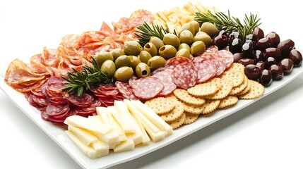 A beautifully arranged appetizer platter featuring  meats, cheese and nuts