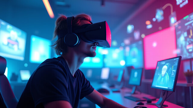 Ein futuristischer E-Sport-Spieler in einem neonbeleuchteten Raum, vollst&auml;ndig eingetaucht in ein VR-Headset