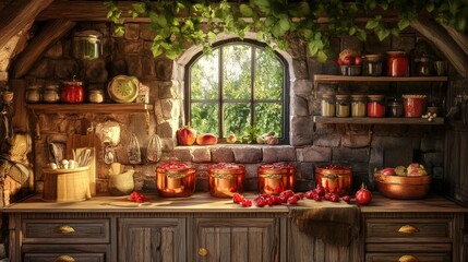 Rustic Kitchen With Copper Pots And Preserved Fruits