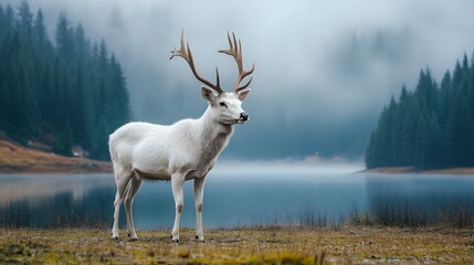 Obraz premium A majestic white deer with perfect antlers, with beautiful lake and mountain views