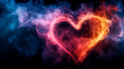 Multi-colored smoke in the shape of heart on dark background