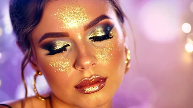 Close-up of a young woman with gold glitter makeup, dark eyeshadow, and full eyelashes, against a blurred purple background with bokeh lights. Suitable for beauty, makeup, and fashion themes