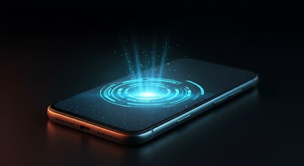 A sleek black smartphone with a glowing blue holographic interface hovering above it