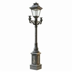 Metal street lamp standing against a white background, showcasing its intricate design and vintage charm