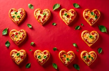 Fototapeta premium Mini pizzas in the shape of a heart on a red background with a place for text. Creative pizzas for Valentine's Day