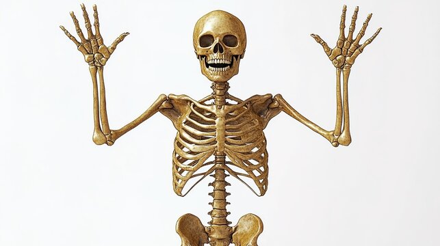 A skeleton with both hands raised, smiling at the camera on a white background