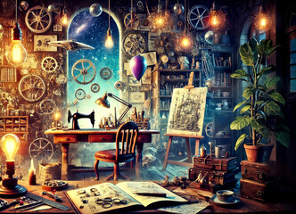 Steampunk Inventor's Workshop with Gears and Blueprints