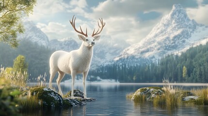 Obraz premium A majestic white deer with perfect antlers, with beautiful lake and mountain views