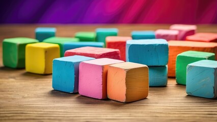 A colorful arrangement of small, rectangular wooden blocks,