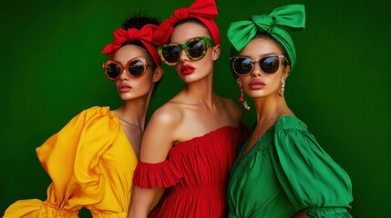 Three vibrant fashion models in red, green, and yellow dresses, paired with sunglasses and Balenciaga headbands, posing confidently against a green backdrop.