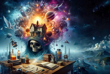 Surreal Science Desk with Victorian House and Cosmic Elements